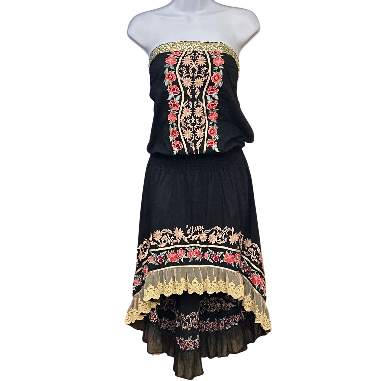 Venus Strapless Dress Embroidered Boho Festival High Low Black Large Floral
